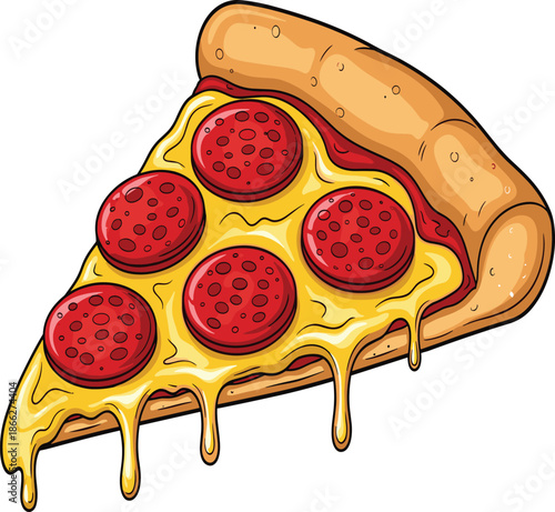 Delicious cartoon pizza slice with melted cheese and pepperoni toppings isolated on white background for fast food restaurant menu design