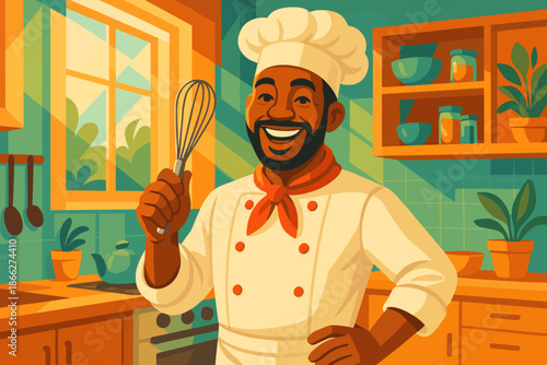 Cheerful Chef in Kitchen. Cheerful chef in a vibrant kitchen holding a whisk, illuminated by natural light, radiating energy and