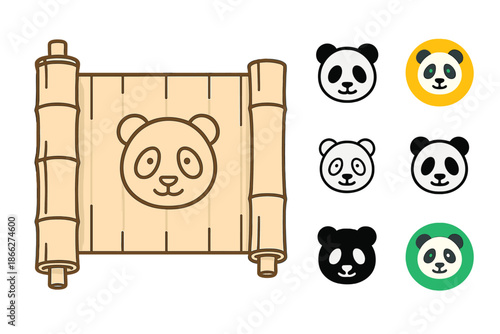 Panda Scroll Vector Icons. Scroll made of bamboo panels unrolling to reveal a panda symbol at the center, clean geometric vector
