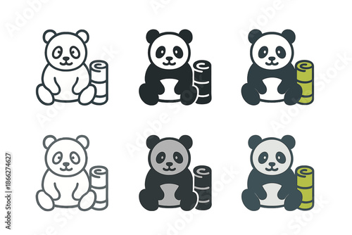 Panda Icon Variations. Panda sitting beside a rolled bamboo scroll, minimalist vector icon set, first in line style with thin
