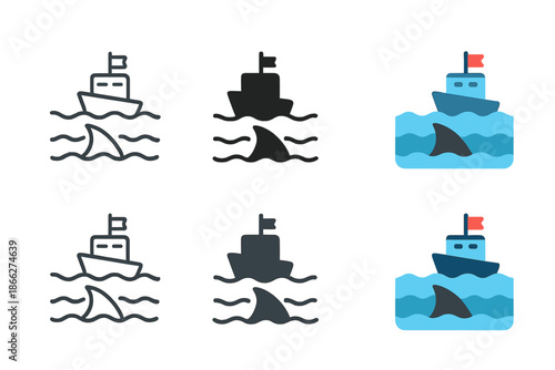 Ship Silhouette with Shark. Silhouette of a ship on the horizon with a shark fin cutting through the sea, elegant minimal vector