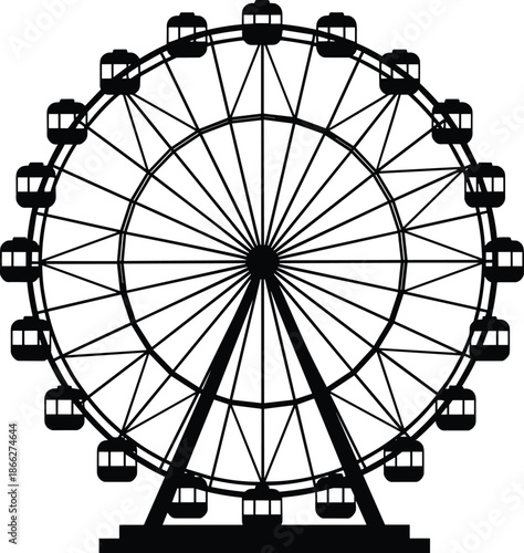 Black and White Silhouette of Ferris Wheel with Gondolas, Amusement Park Ride, Circular Structure, Rotational Motion, Engineering Design Illustration
