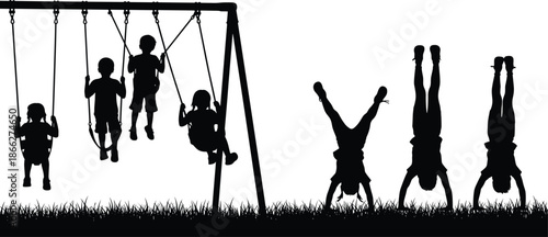 Children playing outdoors silhouette vector, kids on swings and handstands, park activity, childhood fun, black isolated illustration for stock