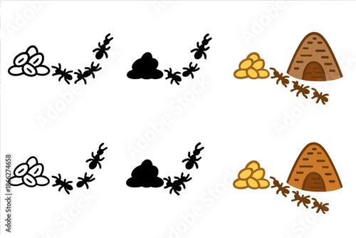 Ant Trail Evolution. Ant trail leading from a seed pile to a detailed anthill mound, clean geometric vector icons, first in line