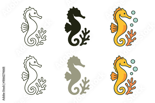 Seahorse Art Variations. Seahorse Coral Bubble, elegant marine motif with gentle curves and balanced flow, first in line style