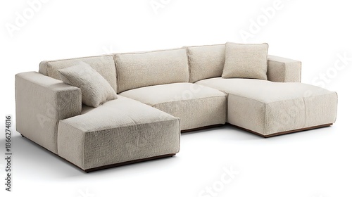 A modern beige sectional sofa with plush cushions and a chaise lounge, on a white background
