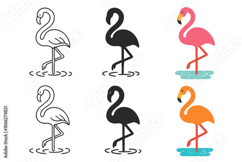 Stylized Flamingo Leg Designs. Flamingo Lake Leg, stylized composition with curved neck, long leg, and soft ripple patterns, first