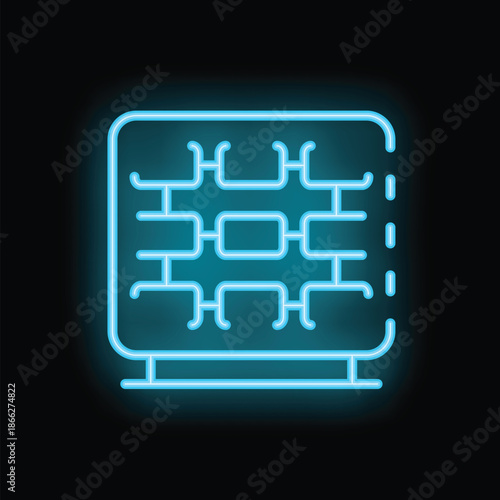 Blue glowing neon icon of orthopedic mattress with memory effect providing comfortable sleep