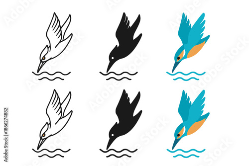 Kingfisher Dive Styles. Kingfisher River Dive, dynamic water icon showing a kingfisher diving sharply toward the river’s surface