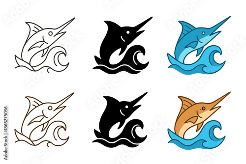 Swordfish Ocean Spear. Swordfish Ocean Spear, dynamic marine icon showing a swordfish cutting through ocean waves with its sharp