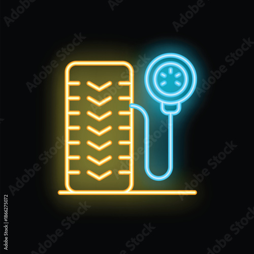 Bright neon icon of a tire pressure gauge checking the air in a car wheel