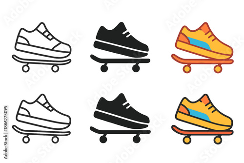 Dynamic Skateboard Shoe Icons. Skateboard Park Shoe, clean modern icon showing dynamic posture and smooth balance in motion, first