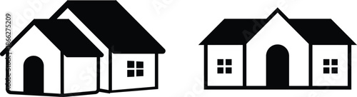Comparison of 2D and 3D Perspective House Architecture Icons.