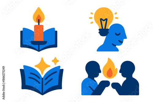 Illumination Icons. Flat vector icons of awakened comprehension: candle symbolizing discovery, pages turning under soft light,