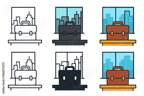 Stylish Briefcase Views. Business briefcase resting on office desk with cityscape window, minimal perspective, first in line style