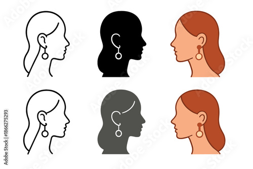 Stylized Pearl Earring Profiles. Side profile showing ear wearing dangling pearl earring, gentle curvature and shine, first in