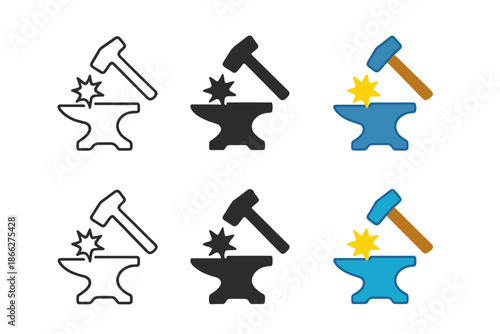Hammer Sparks Design. Stylized hammer silhouette producing star-shaped spark above anvil, clean minimal design, first in line