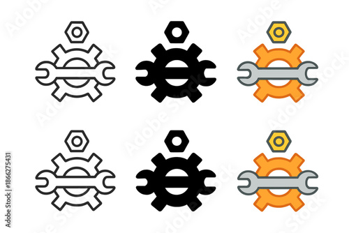 Wrench and Gear Icon. Wrench laying across gear teeth, bolt icon positioned above center, balanced geometry, first in line style