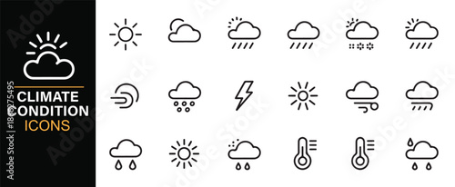 Sun rain wind and storm climate outline icons