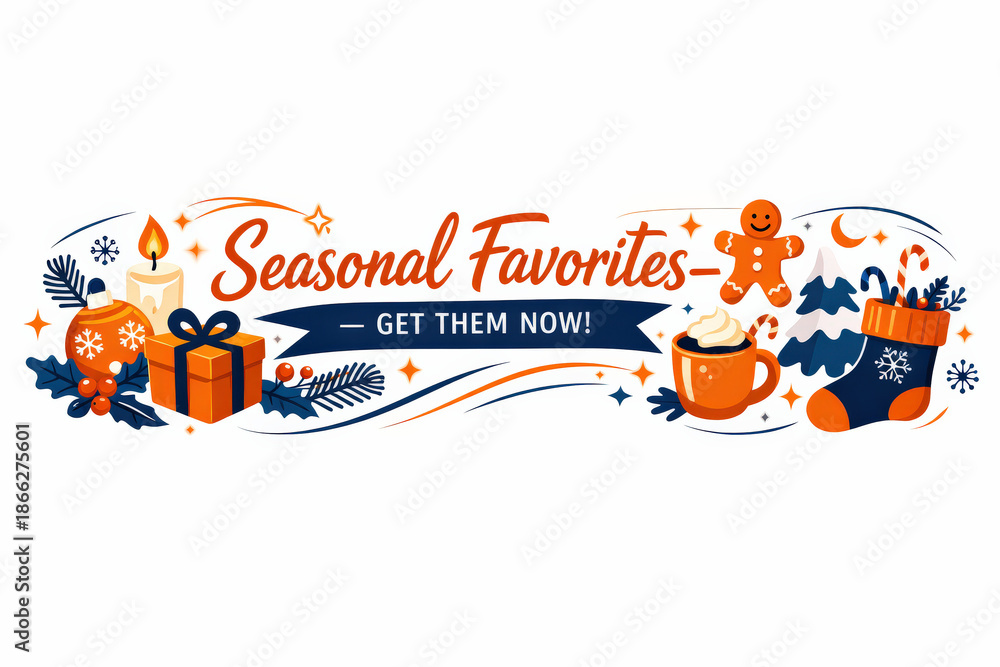 Fototapeta premium Seasonal Favorites Banner. Clean modern holiday banner illustration depicting flat vector seasonal motifs with subtle glow accents