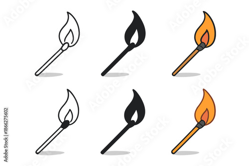 Matchstick Flame Variations. Burning matchstick angled upward with flame curve and soft shadow, elegant composition, first in line