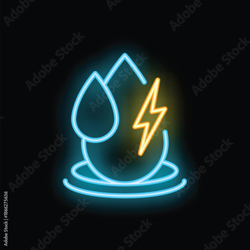 Neon sign illustrating the concept of hydroelectric power with a lightning bolt going through a water drop