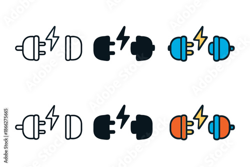 Electric Connection Styles. Plug and socket facing each other with electric connection symbol glowing, symmetrical composition,