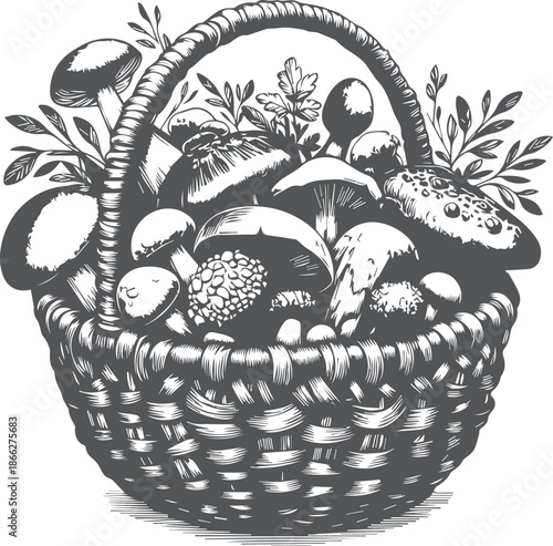 A wicker basket overflowing with various mushrooms and foliage  a rustic still life. 
