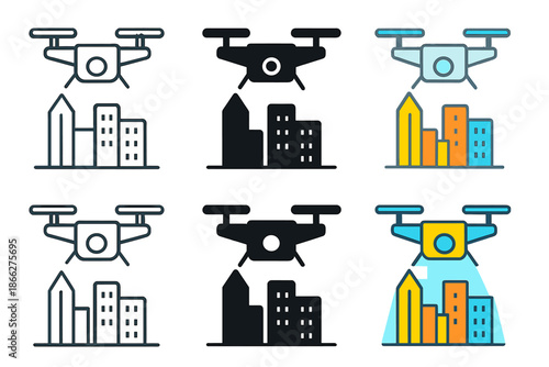 Drone Cityscape Collection. Drone hovering above city skyline taking photo, geometric perspective, first in line style with thin