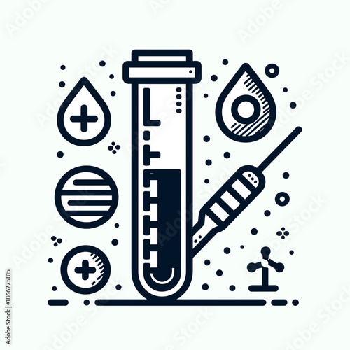 Illustration of test tube with liquid and medical symbols on light background for science concept