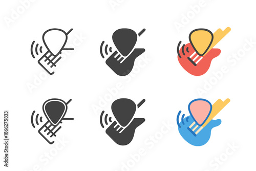 Guitar Icon Styles. Guitar pick icon hitting electric guitar strings with sound waves, first in line style with thin outline,