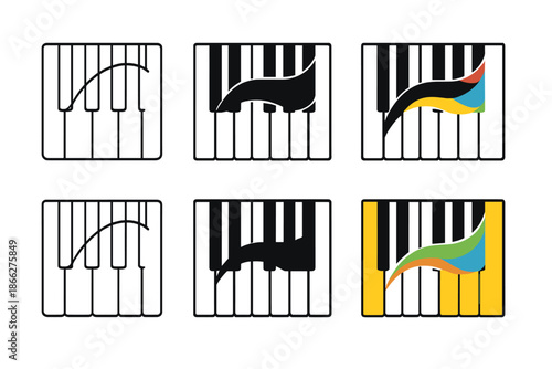Piano Melody Path. Piano with highlighted melody path across keys, first in line style with thin outline, second in solid style