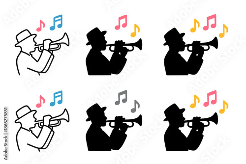 Jazz Trumpet Vibrance. Jazz trumpet silhouette with bright colored notes floating around, first in line style with thin outline,