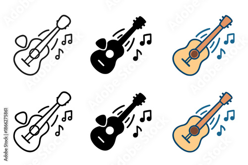 Guitar Icons Evolution. Pick and guitar icon with strumming motion lines and musical notes, first in line style with thin outline,