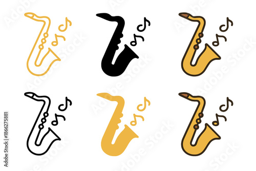 Stylized Saxophone Icons. Saxophone icon with golden body and musical vibrations, first in line style with thin outline, second in