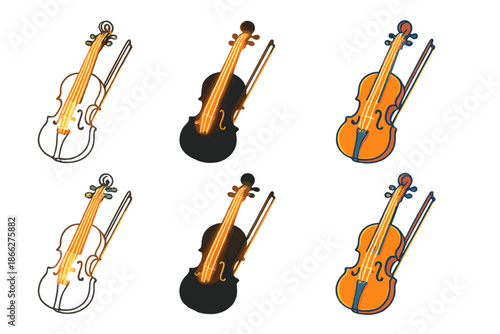 Stylized Violin Variations. Stylized violin and bow with glowing strings, first in line style with thin outline, second in solid