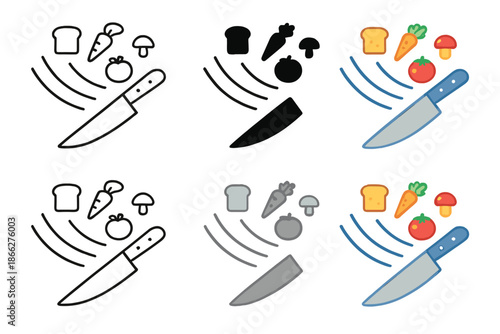Knife and Floating Food. Kitchen knife with cutting rhythm arcs and floating food icons, first in line style with thin outline,