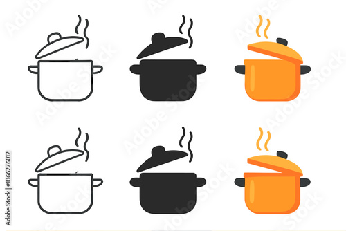 Steaming Cooking Pot Styles. Cooking pot with lid slightly open and aromatic steam rising, first in line style with thin outline,