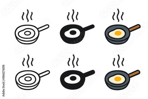 Egg Frying Icons. Frying pan icon with sizzling egg and steam rising, first in line style with thin outline, second in solid style