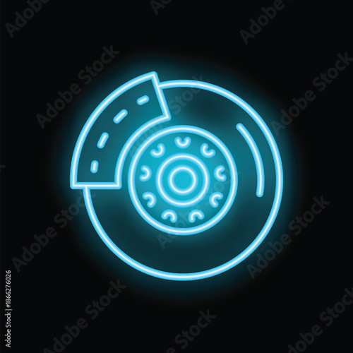 Blue neon sign showing a disc brake pad glowing on a black background