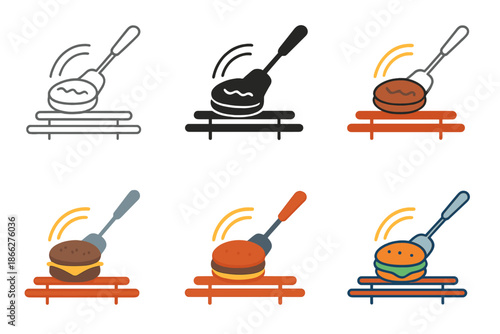 Dynamic Burger Flipping. Burger flipping on grill with spatula and glowing motion arcs, first in line style with thin outline,