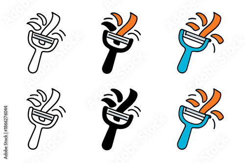 Dynamic Carrot Peeling. Vegetable peeler with carrot slices flying off and motion arcs, first in line style with thin outline,