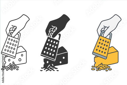 Cheese Grating Styles. Hand holding grater over block of cheese with shreds accumulating below, first in line style with thin
