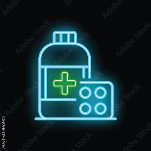 Glowing neon line medicine bottle and pills icon isolated on black background. Bottle pill sign. Pharmacy design