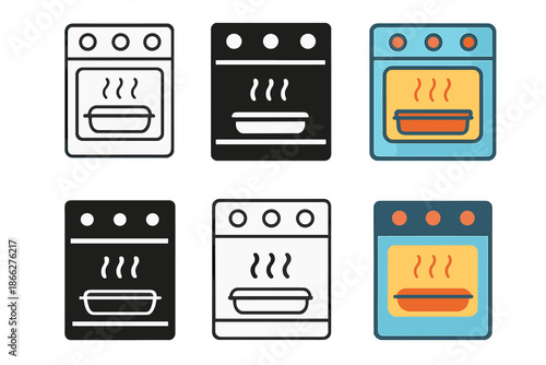 Oven Styles Display. Oven with baking tray inside and heat waves rising, first in line style with thin outline, second in solid