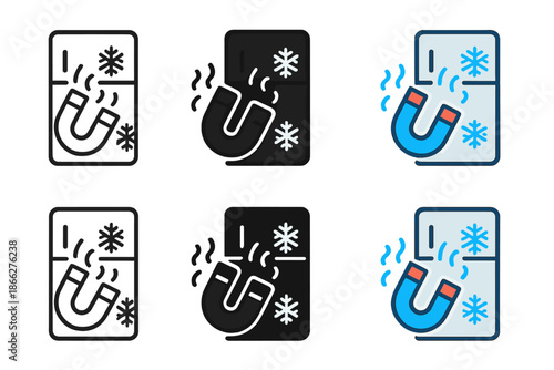 Magnet and Frost Symbols. Magnet icon sticking to fridge door with animated cold arcs and frost symbols, first in line style with