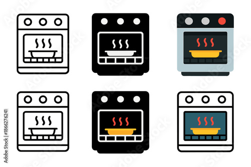 Oven Icon Designs. Oven icon with open door showing tray on rack and heat arcs, first in line style with thin outline, second in