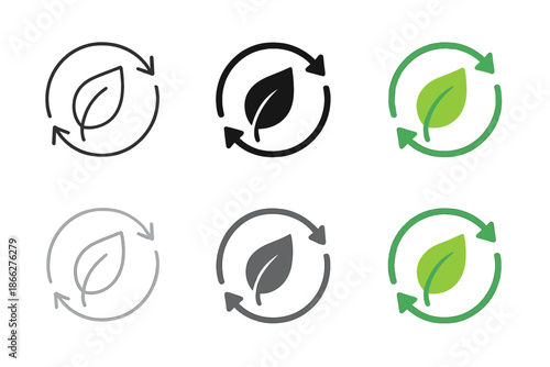 Leaf Arrow Cycle. Leaf intertwined with rotating arrow path first in line style with thin outline, second in solid style filled