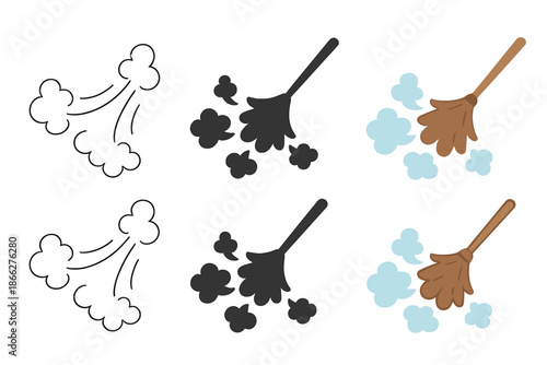 Colorful Feather Dusters. Feather duster spreading soft plumes of dust first in line style with thin outline, second in solid