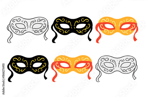 Venetian Mask Styles. Venetian mask with gold patterns and ribbons first in line style with thin outline, second in solid style